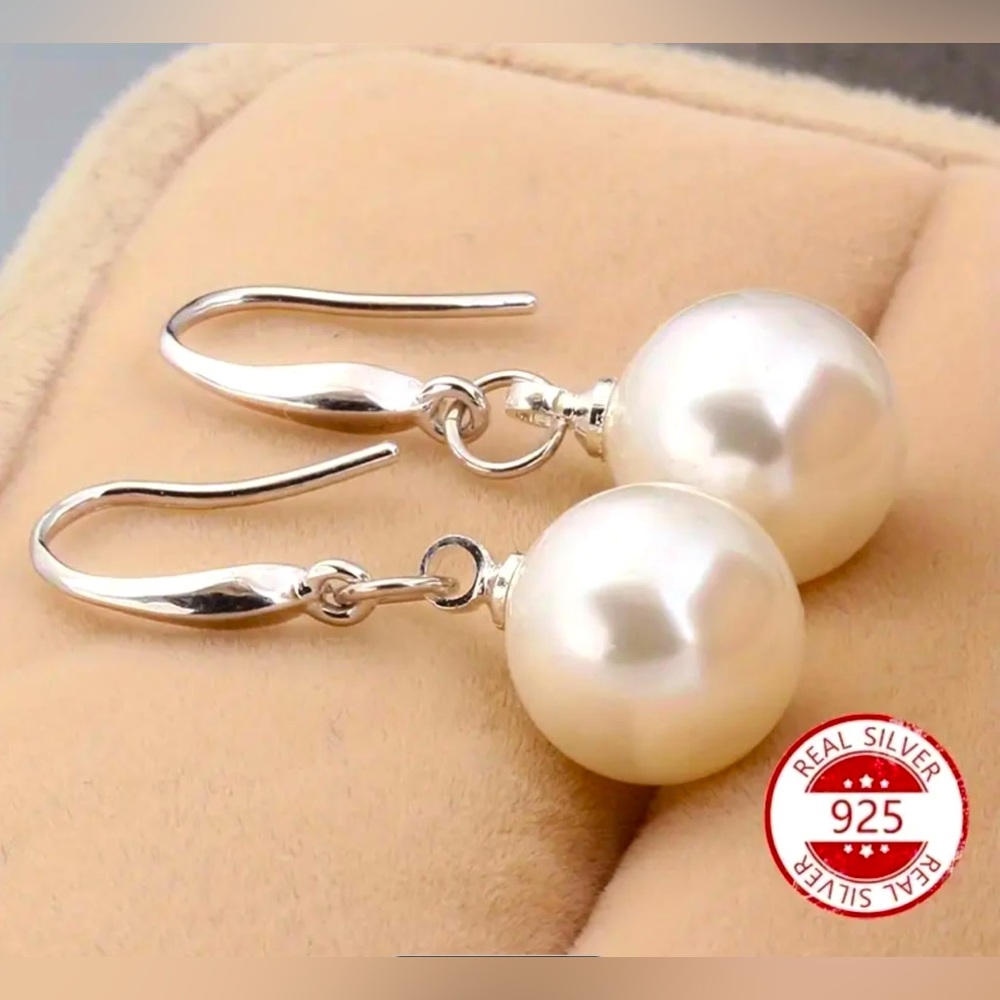 Elegant 925 Sterling Silver Faux Pearl Dangle Earrings Hypoallergenic